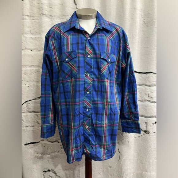 Vintage Wrangler  X-Long TailsTall Blue Green Pink Pearl Snap Western Cowboy‎ - Picture 1 of 6
